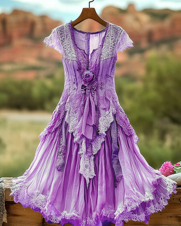 Summer Vintage Floral Lace Patchwork Purple Dress 9144
