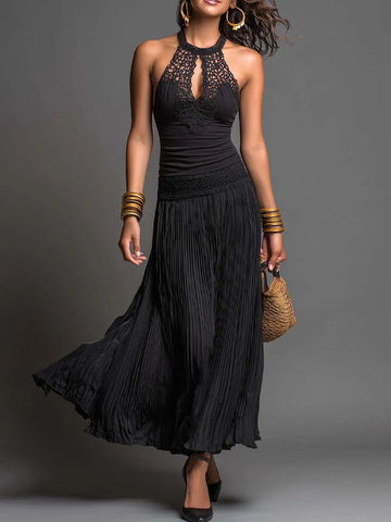 Vestido Longo Plissado Vintage com Gola Halter de Renda