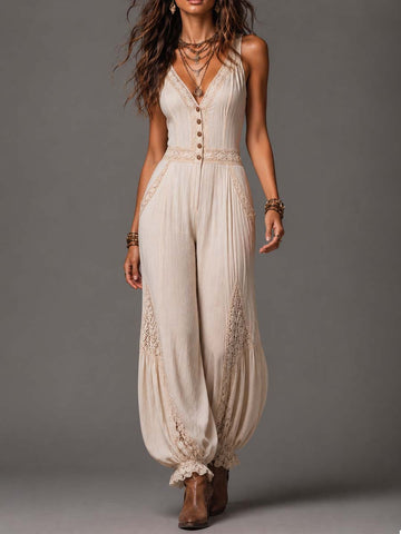Bohemian Cream Cotton-Linen Lace Trim Jumpsuit