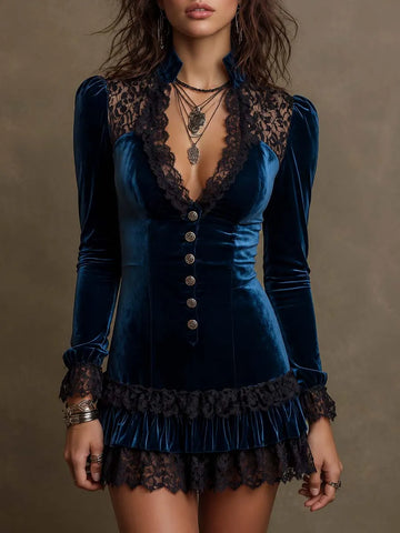 Robe mini bodycon noire gothique en velours marine avec empiècement en dentelle, revers à volants aux poignets, col montant et boutonnage frontal