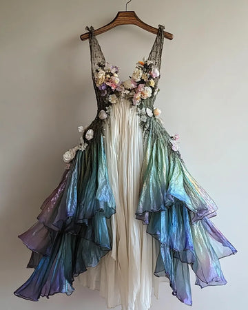 Vestido de verão irregular com renda, patchwork e miçangas 747e