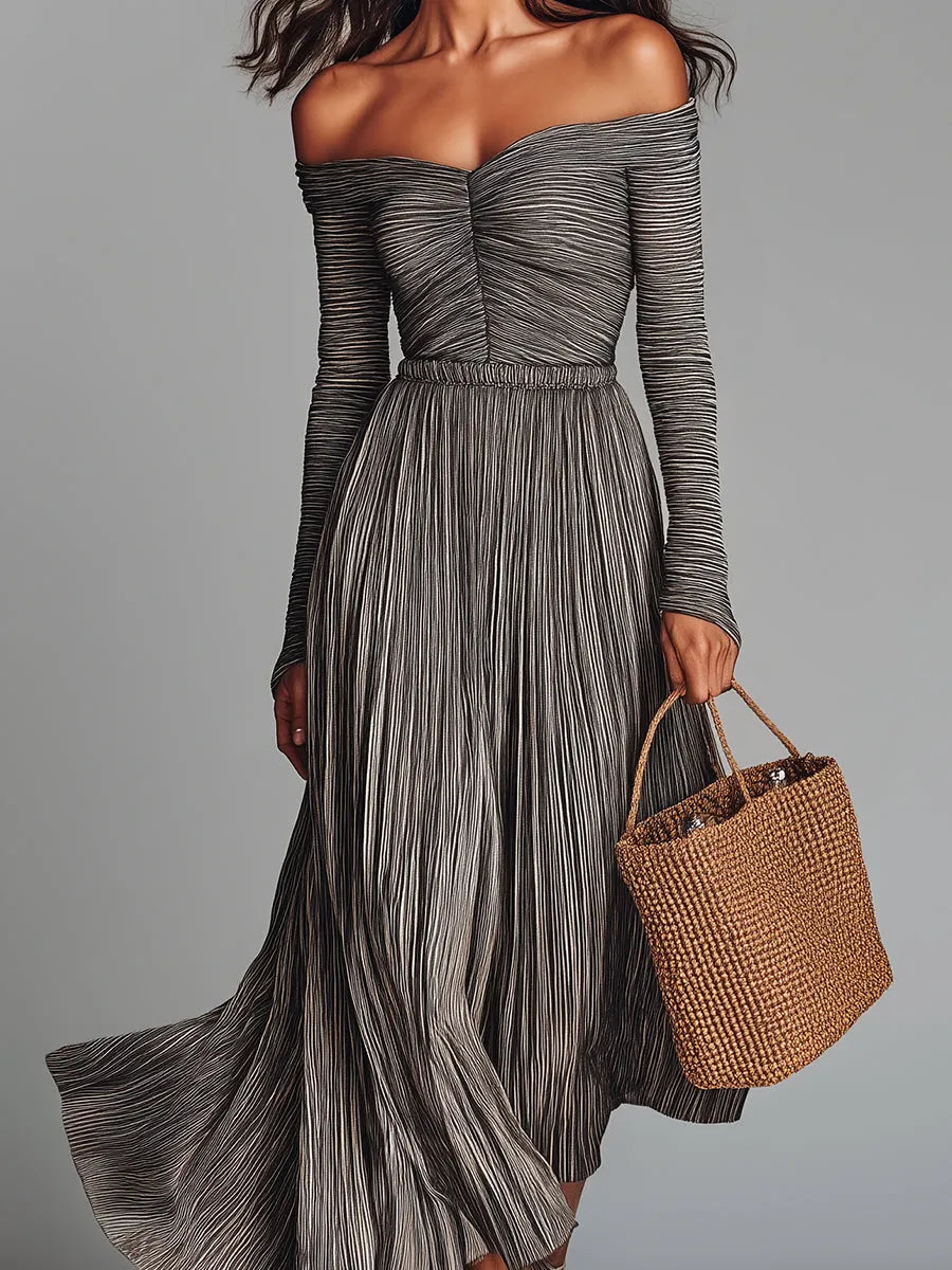 Boho Off-the-shoulder Striped A-line Pleated Maxi Dress