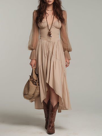 Boho Midi Dress With High-Low Hem And Mesh Sleeves