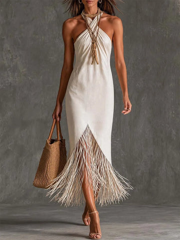 Vestido Midi Elegante com Gola Halter Cruzada, Fenda Frontal e Barra de Franjas
