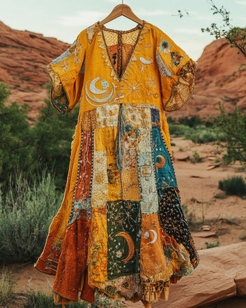 Vestido de algodão e linho com patchwork e caimento solto para o verão 873a