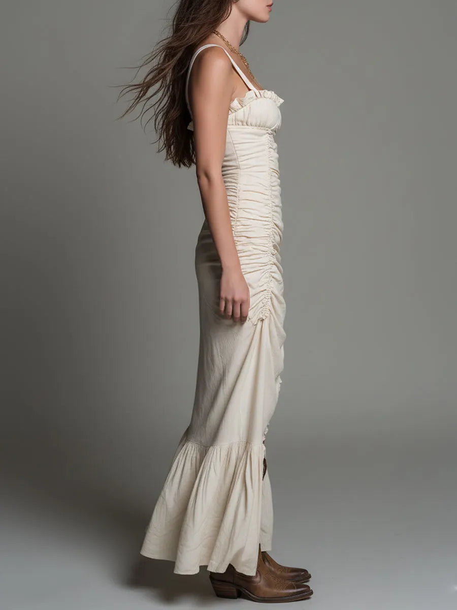 Vintage Cotton Ruched High-Slit Maxi Dress