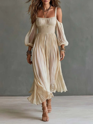 Vestido Midi Plissado Boho com Ombro a Ombro e Cintura Franzida