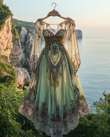 Vestido de Verão com Renda Franzida e Contraste de Cores 7018