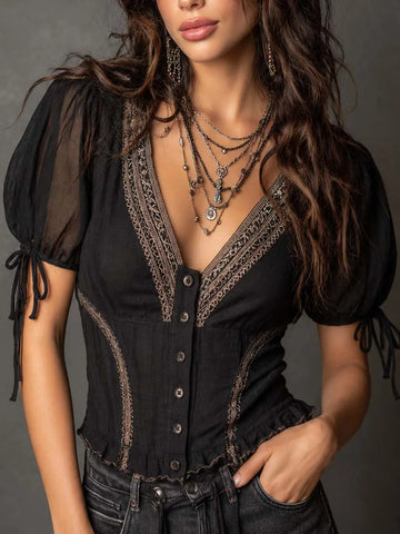 Chemisier corset en coton-lin boutonné à manches bouffantes avec garniture en dentelle bohème