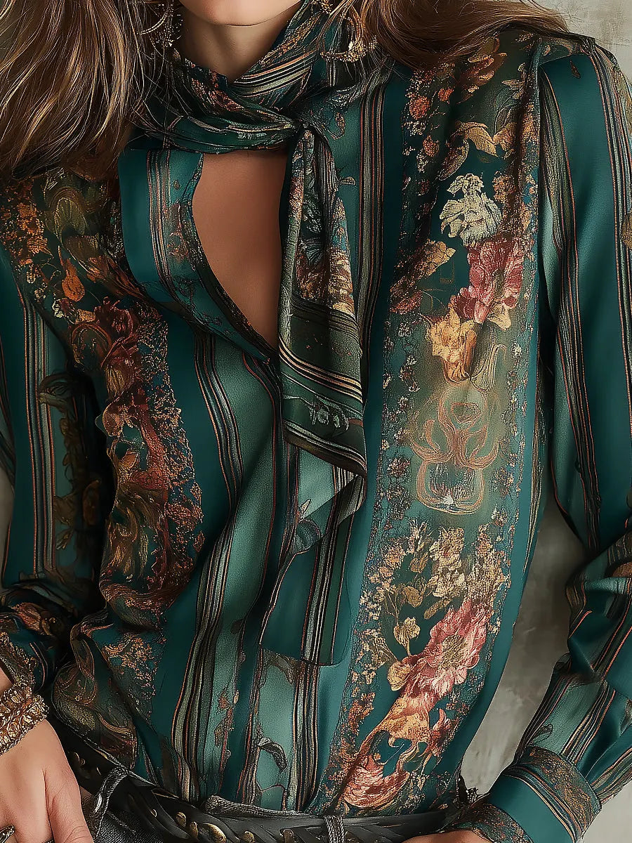 Chemisier Vintage De Luxe En Satin À Imprimé Floral Avec Détail De Nœud Lavallière