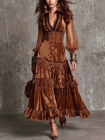 Vestido Midi em Veludo de Poliéster Estilo Vintage com Acabamento de Renda Contrastante