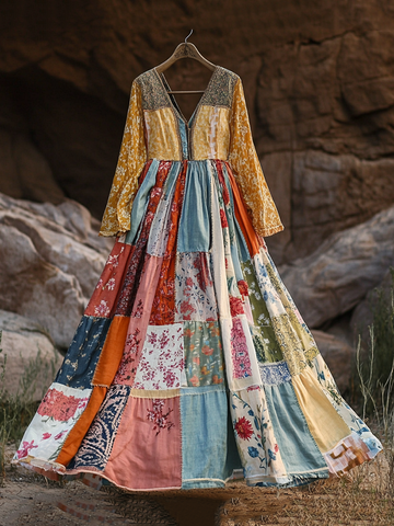 Robe longue femme bohème vintage en coton et lin à manches longues 8ad8