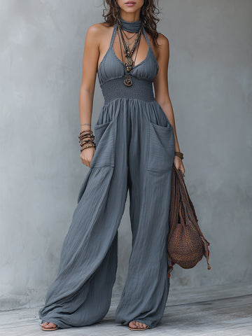 Retro Halter-Neck Shirred Waist Wide-Leg Jumpsuit