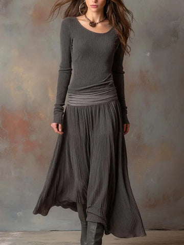 Robe longue vintage en tricot côtelé gris anthracite