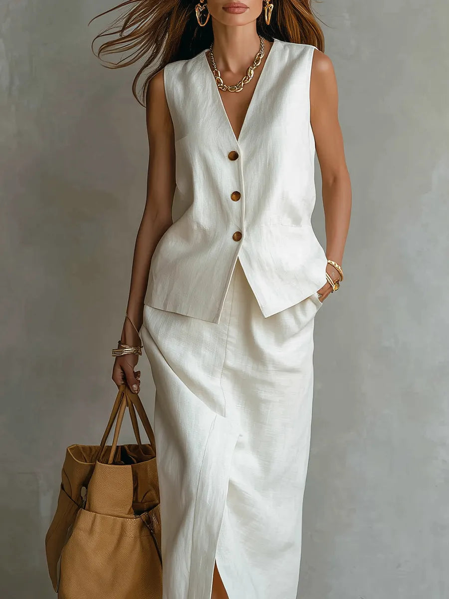 Ensemble gilet minimaliste en lin et jupe midi fendue