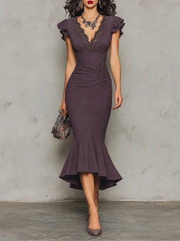 Elegant Ruffled Sleeves Midi Dress With  A Fishtail Hem