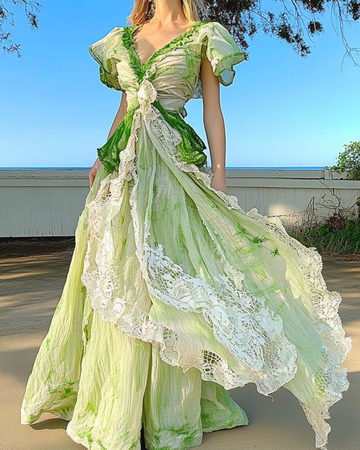 Robe d'été de vacances à volants en dentelle patchwork c7ab