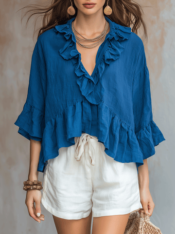 Camisa de Algodão e Linho Franzida Estilo Boho com Decote V e Shorts Brancos Básicos