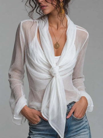 Blusa de chiffon amassado transparente com transpasse frontal para amarrar, manga longa e blusa de alça fina