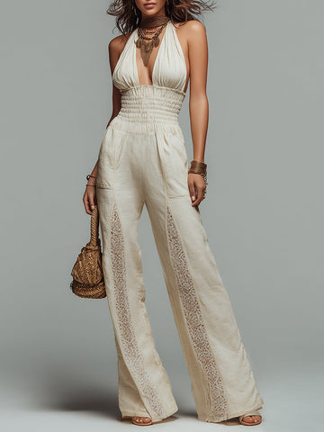 Retro Shirred-Waist Halter-Neck Lace-Trimmed Wide-Leg Jumpsuit