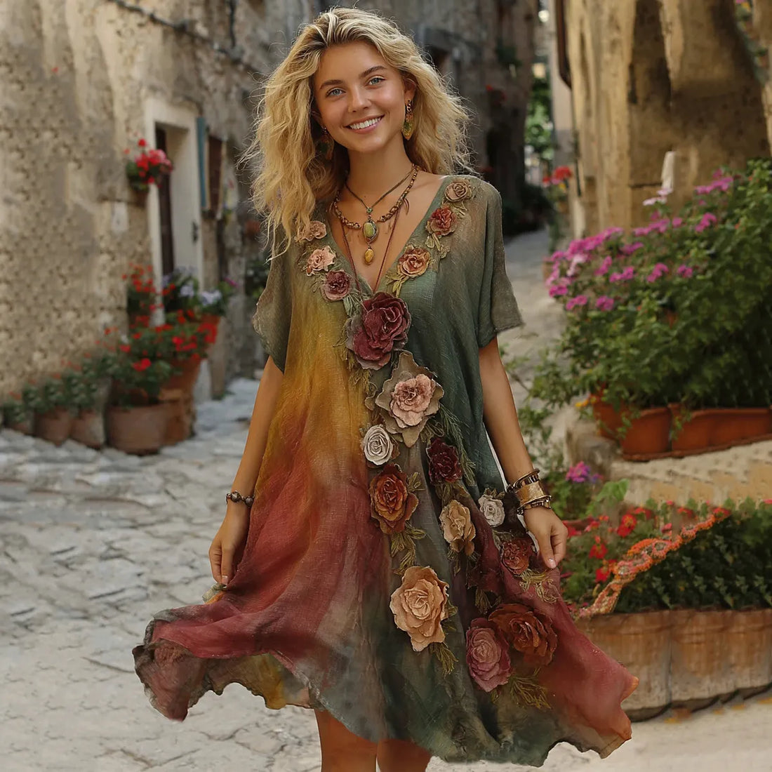 Vestido Midi de Linho com Decote V e Estampa Degradê Floral e Rosas Vintage da Coleção Pôr do Sol