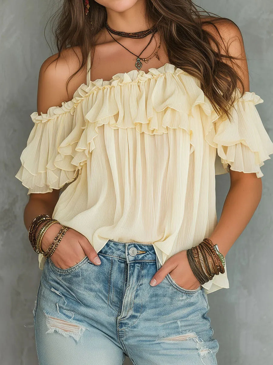 Camicetta in chiffon arricciato con spalle scoperte, colore giallo tenue stile boho