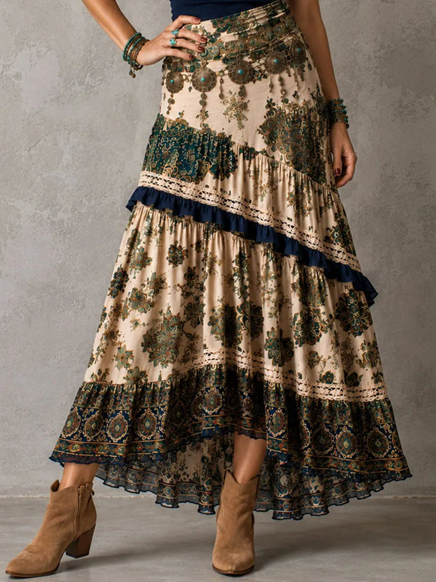 Robe longue en maille bohème vintage avec jupe patchwork florale