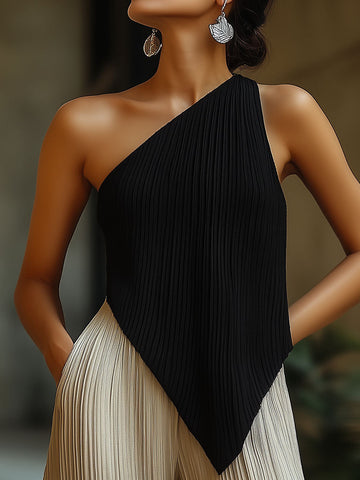 Blusa Assimétrica de Ombro Único Plissada Minimalista