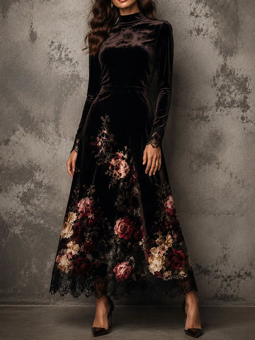 Vestido Maxi Elegante de Veludo Floral com Renda na Barra e Gola Alta Evasê