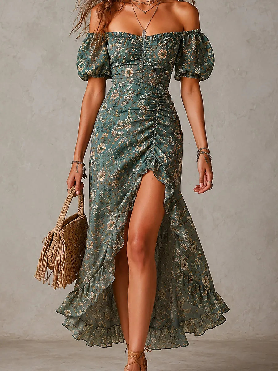 Robe longue en mousseline imprimée, à épaules dénudées, fendue et à ourlet volanté