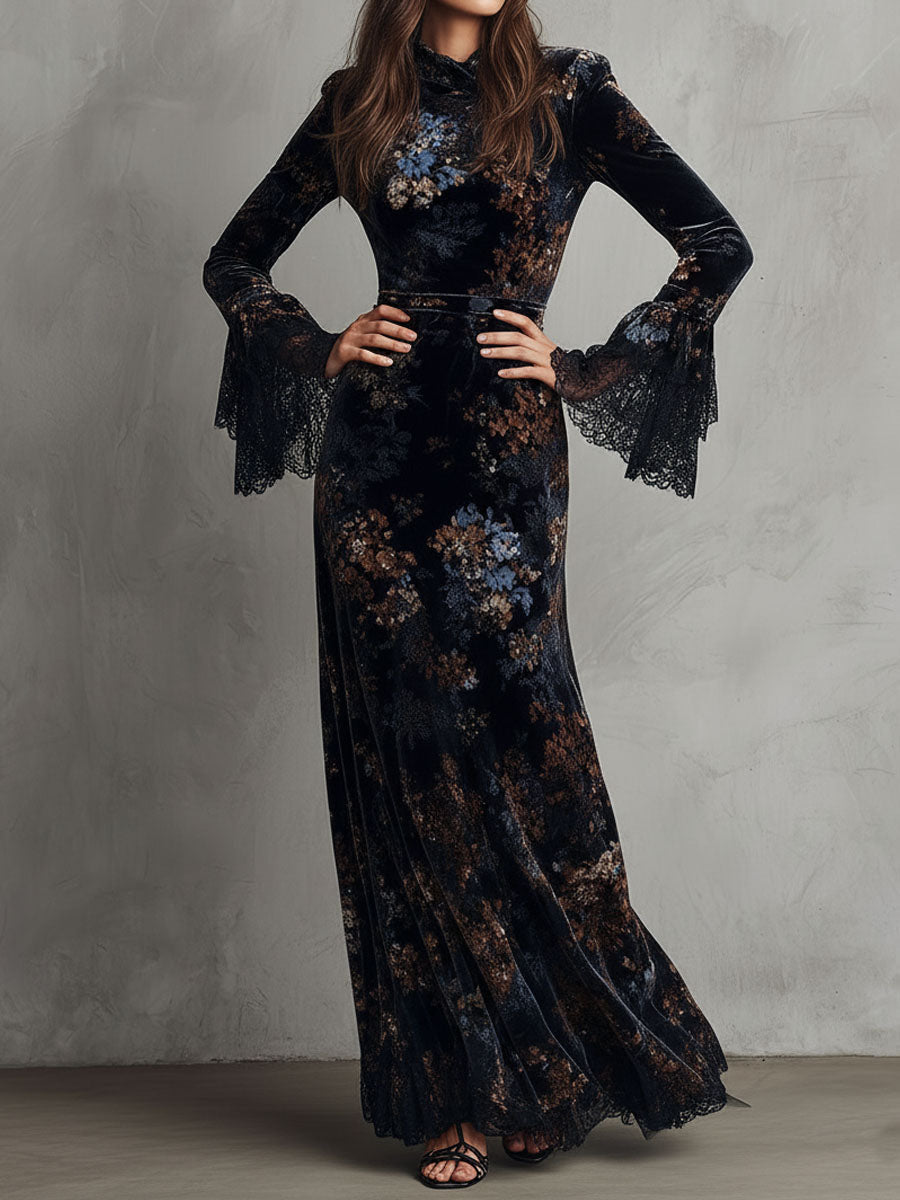 Robe longue fluide en velours Midnight Floral à manches cloche bordées de dentelle