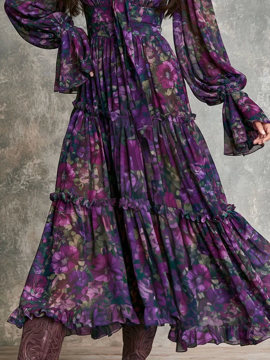Boho Purple Floral Chiffon Tie V Neck Tiered Ruffle Maxi Dress