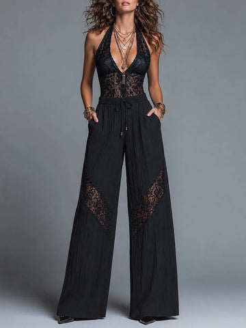 Ensemble haut cache-cœur en dentelle style vintage et pantalon large en mousseline froissée