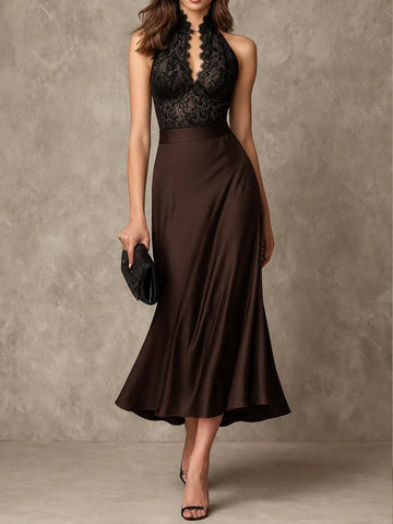 Vestido Midi Halter de Cetim e Renda Marrom Chocolate Retrô Elegante