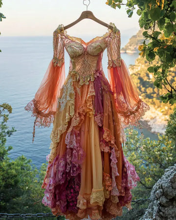 Vestido de Verão com Renda e Babados Contrastantes d0f7