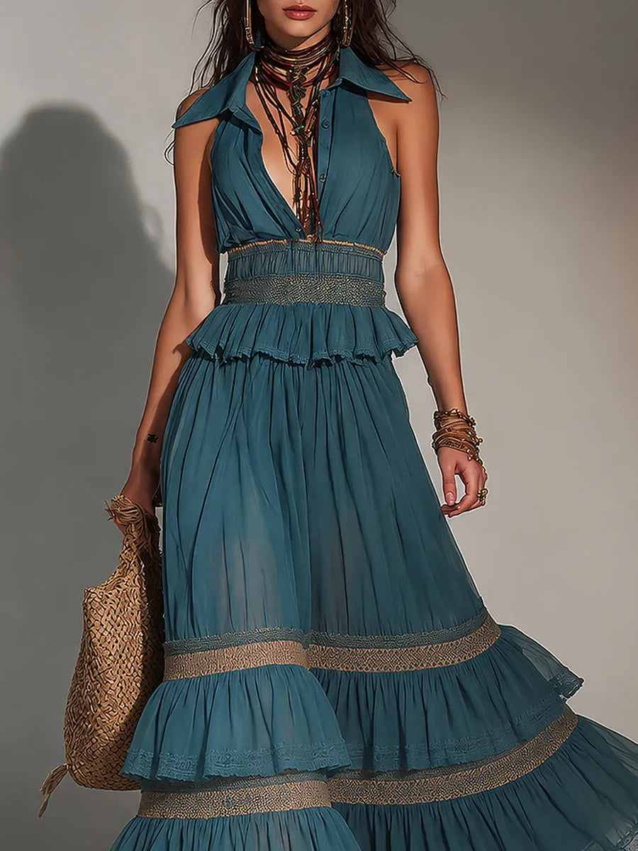 Boho Shirt-Collar Lace Trim Chiffon Maxi Dress