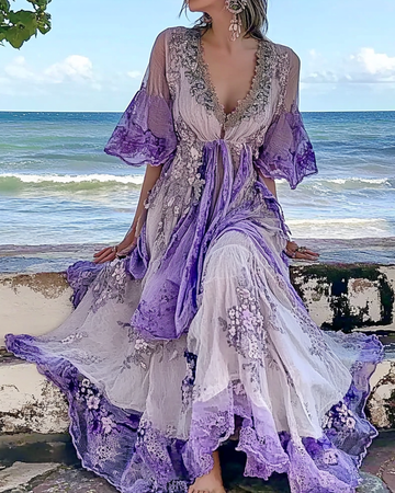 Vestido Rodado Gradiente com Babados e Patchwork de Renda Bordado Floral de Verão b703