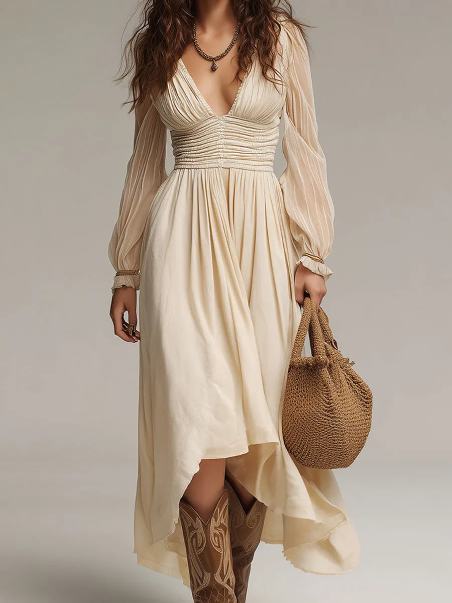 Robe midi vintage avec taille froncée et ourlet asymétrique