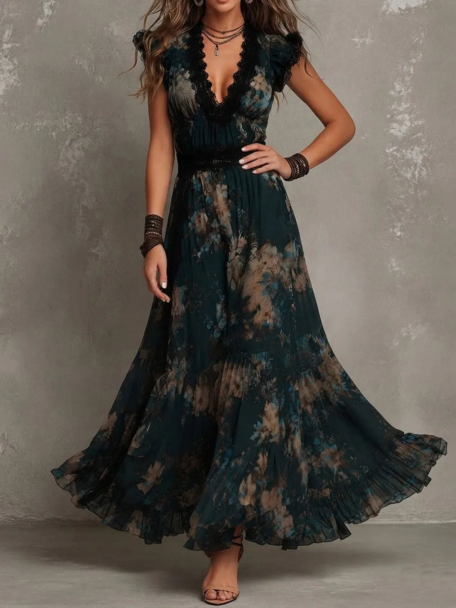Vacation Boho Dark Floral Chiffon Maxi Dress With Lace Trim