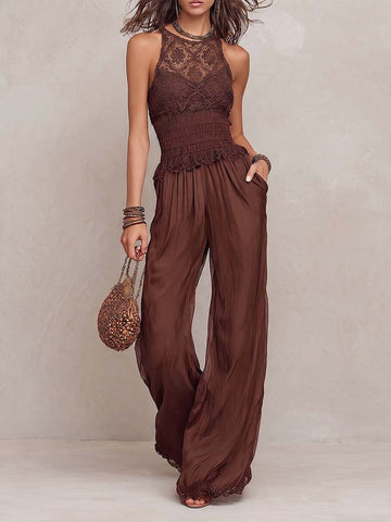 Chocolate Brown Lace & Crinkled Chiffon Smocked-Waist Wide-Leg Jumpsuit