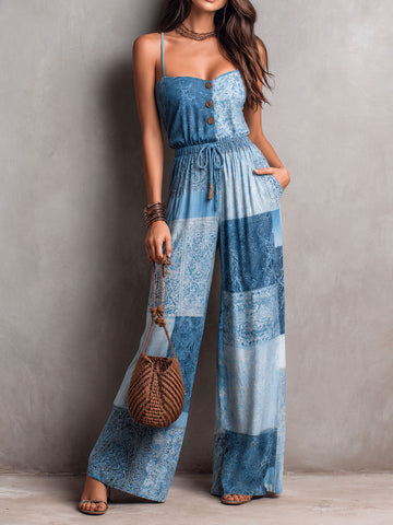 Macacão Pantalona com Alças e Estampa Patchwork Azul Boho