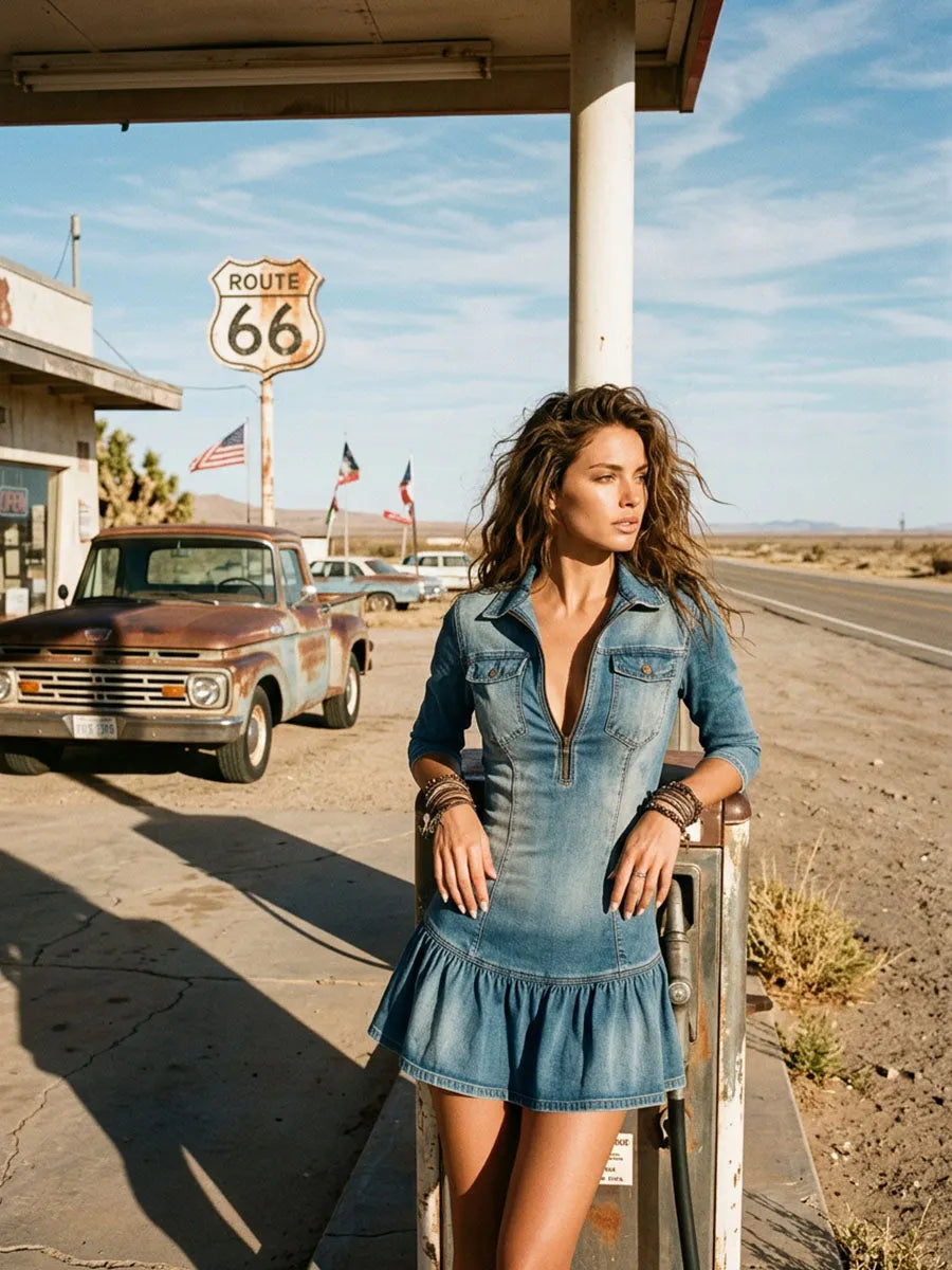 Vestido Chemise Curto Boho Western Jeans Desbotado Com Meio Zíper e Babados na Barra