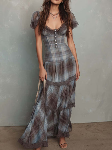 Vestido Longo de Chiffon Xadrez Retrô
