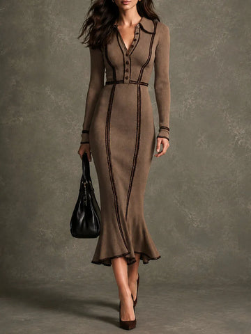 Vestido Midi Sereia em Tricô Canelado Bege Acinzentado Vintage com Viés Contrastante