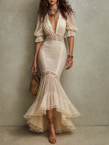 Elegant Trumpet-sleeve Lace-trimmed Mermaid Maxi Dress