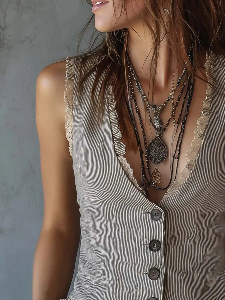 Gilet a righe con finiture in pizzo vintage