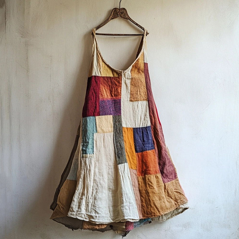 Vestido Misto de Linho Colorido com Retalhos 4068