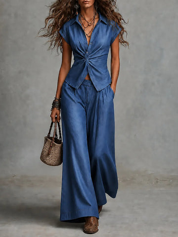 Conjunto Boho de Blusa Transpassada e Calça Pantalona de Tencel