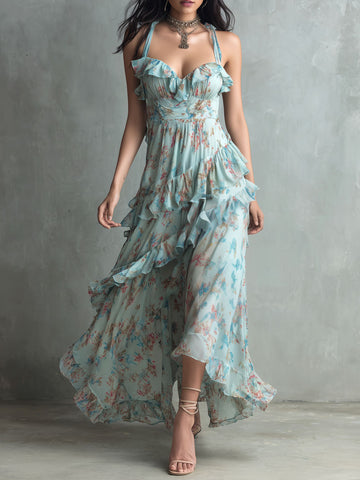 Vestido Maxi de Chiffon Floral com Babados Azul Menta Elegante