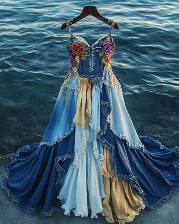 Vestido de Verão Irregular com Babados em Jeans e Renda Patchwork 7ed7
